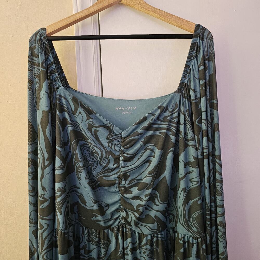 NEW Teal Swirl Cinched Women's Maxi Dress 3X V-neck Long Sleeve Whimsy Fairy